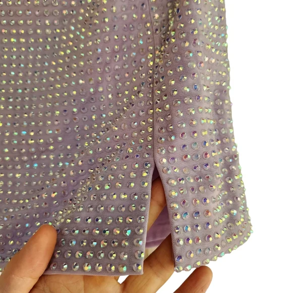 Double Layered Thick Mesh Rhinestone Embellished Thigh Slit Mini Skirt - Purple - Picture 6 of 16